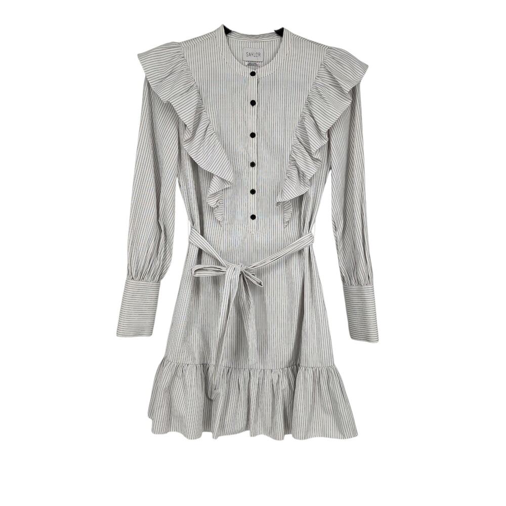 NWOT Saylor White Pinstripe High Neck Ruffle Long Sleeve Mini Shirt Dress Size S